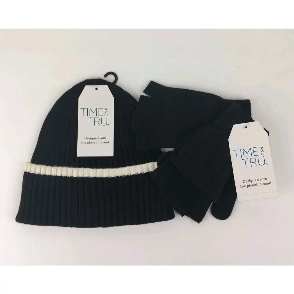 Time and Tru Women's Striped Beanie With Gloves, One Size Fits Most, Black Soot